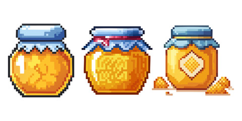 Pixel art style collection of three jars of sweet golden honey