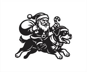 Fototapeta premium Santa Claus Riding Rottweiler Dog Vector – Funny Christmas Cartoon Illustration, Santa with Candy Cane and Gift Bag