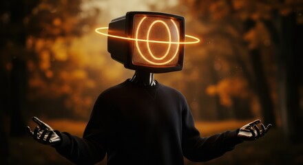 Retro TV head robot in autumn park, glowing orange ring.