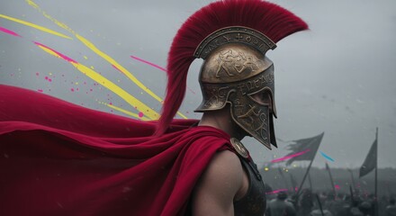 Roman soldier in profile, red cape and helmet, amidst a battlefield scene with abstract elements.