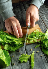 Hands skillfully chop fresh green lettuce on a wooden cutting board. The kitchen setting conveys a focus on healthy meal preparation with fresh ingredients