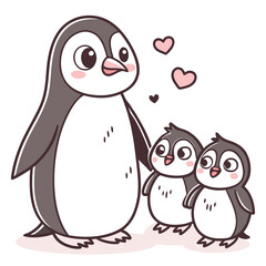 Adorable cartoon penguin family with hearts and pastel colors on white background animal cute