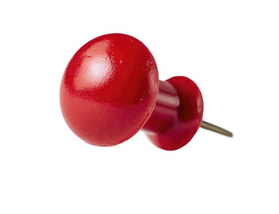 Close-up of a red push pin.  A glossy, round, red head sits atop a slightly tapered, red pin.  A thin metal point extends from the bottom
