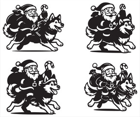 Fototapeta premium Santa Claus Riding Husky Dog Vector – Funny Christmas Cartoon Illustration, Santa with Candy Cane and Gift Bag