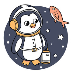 Adorable cartoon penguin astronaut holding a lantern in outer space stars