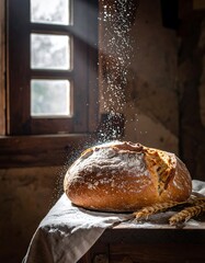 Freshly baked sourdough bread dusted with flour, bathed in sunlight streaming through a window