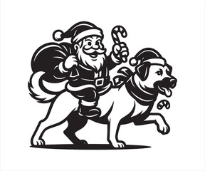 Fototapeta premium Santa Claus Riding Tibetan Mastiff Dog Vector – Funny Christmas Cartoon Illustration, Santa with Candy Cane and Gift Bag