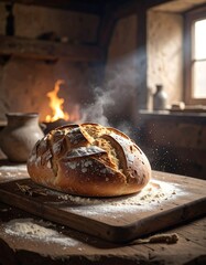 Freshly baked sourdough loaf on rustic wooden board, steam rising, by fireplace