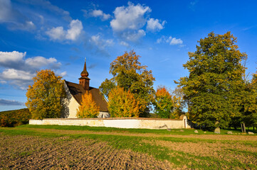  The Chapel of the Mother of God. City of Brno, Czech Republic - Europe. Beautiful autumn landscape. Brno dam and sunset at the golden hour. Autumn season October.