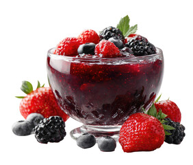 Glass bowl filled with vibrant berry jam, surrounded by fresh berries