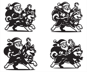 Fototapeta premium Santa Claus Riding Husky Dog Vector – Funny Christmas Cartoon Illustration, Santa with Candy Cane and Gift Bag