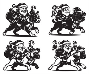 Santa Claus Riding Boxer Dog Vector – Funny Christmas Cartoon Illustration, Santa with Candy Cane and Gift Bag