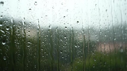 Raindrops slowly sliding down a large glass window pane during a moody, atmospheric overcast day, creating a calming, reflective scene slowmotion, reflective, softlight - Powered by Adobe
