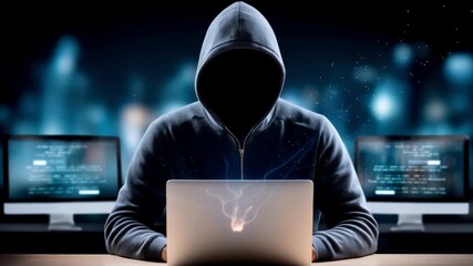 Anonymous hoodie hacker laptop glowing with code cybersecurity breach data technology mystery hooded figure representing digital intrusion dark - Powered by Adobe