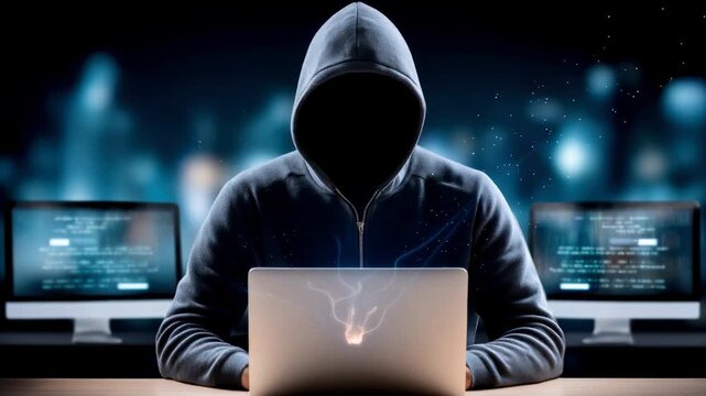Anonymous hoodie hacker laptop glowing with code cybersecurity breach data technology mystery hooded figure representing digital intrusion dark