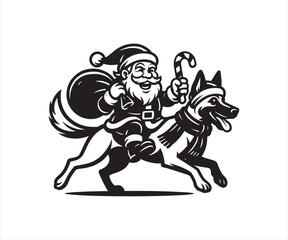 Fototapeta premium Santa Claus Riding German Shepherd Dog Vector – Funny Christmas Illustration, Santa with Candy Cane and Gift Bag