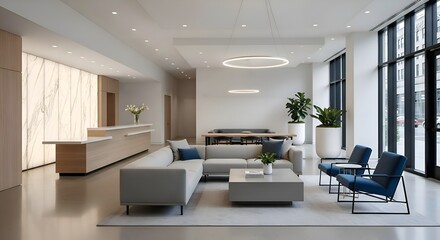 Fototapeta premium A simple hotel lobby layout with minimalist furniture