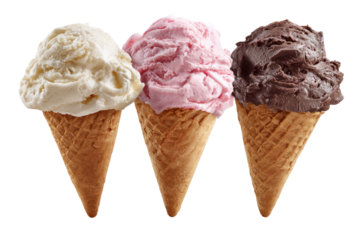 Three ice cream cones, vanilla, strawberry, and chocolate flavors