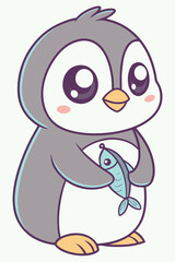 Adorable cartoon penguin with a fish and big eyes on white background cute animal