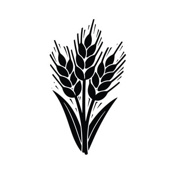 A bold black and white linocut illustration of three wheat stalks with detailed grains.