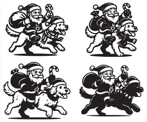 Fototapeta premium Santa Claus Riding Dog Vector Illustration – Funny Christmas Artwork, Santa with Candy Cane and Gift Bag