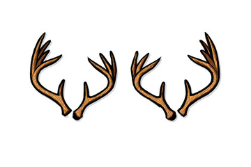 Two stylized deer antlers, a light brownish-tan color,  are shown in profile, set against a black background.  Each antler has intricate branching