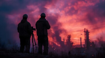 Fototapeta premium Silhouetted figures observe an industrial plant at sunset bathed in dramatic colorful light and smoke