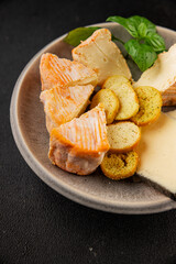 Cheese plate different kind of cheese appetizer tasty snack fresh delicious gourmet food background on the table rustic top view copy space