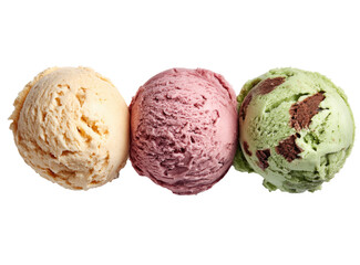 Three scoops of ice cream, pale yellow, deep pink, and speckled green