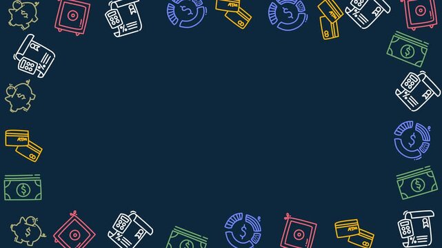 Border of doodle money pattern on blue background. Suitable for financial presentations, websites, and marketing materials related to money and finance.