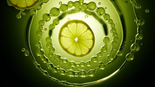 Close up of lemon slices and bubbles in a green liquid creating an abstract design element art