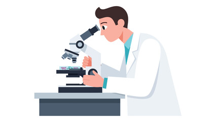 Scientist using a microscope in a laboratory vector illustration of a man in a white coat conducting research for medical or scientific purposes