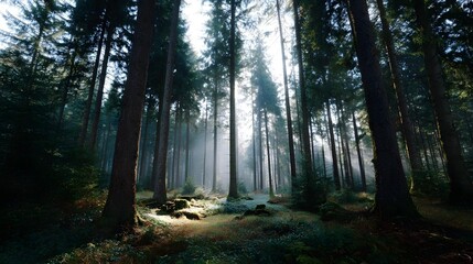 Obraz premium Sunlight streams through the dense canopy of tall pine trees in a serene misty forest at dawn illuminating the mossy ground