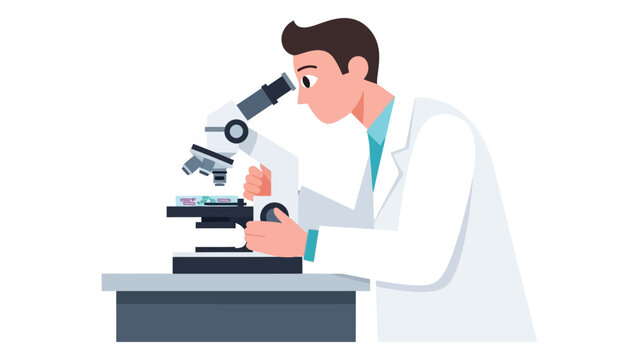 Scientist using a microscope in a laboratory vector illustration of a man in a white coat conducting research for medical or scientific purposes