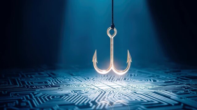 Cybersecurity phishing hook circuit board spotlight evoking digital threat awareness and risk phishing hook cybersecurity concept cyber attack bait