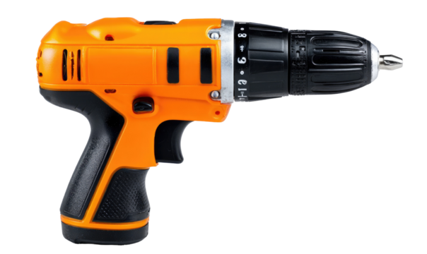 Orange cordless drill, side view