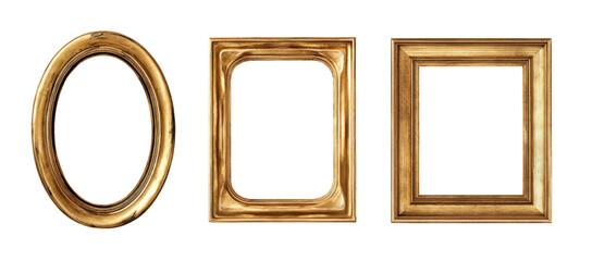 Three antique-style picture frames, one oval and two rectangular, in a light golden brown color