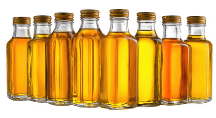 Eight glass bottles of golden-amber liquid, likely oil, lined up.  Each bottle has a screw-on cap