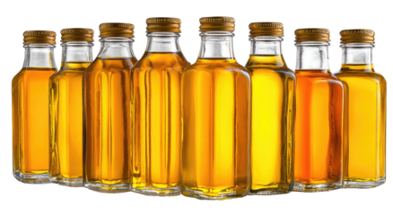 Eight glass bottles of golden-amber liquid, likely oil, lined up.  Each bottle has a screw-on cap