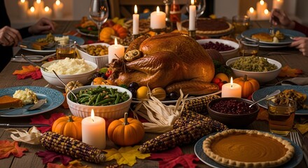 Fototapeta premium Thanksgiving Feast: A beautifully adorned dining table, overflowing with a traditional Thanksgiving feast, evokes warmth and togetherness. The centerpiece is a perfectly roasted turkey.