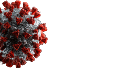 Close-up of a virus, intricate red and gray spikes. Virus particle, scientific illustration
