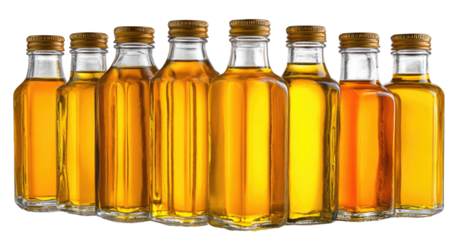 Eight glass bottles of golden-amber liquid, likely oil, lined up.  Each bottle has a screw-on cap
