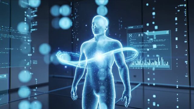 Cybersecurity hologram human data security network interface futuristic digital human hologram with glowing heart data stream futuristic interface