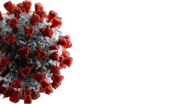 Close-up of a virus, intricate red and gray spikes. Virus particle, scientific illustration