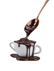 Melted chocolate pouring from spoon into small cup