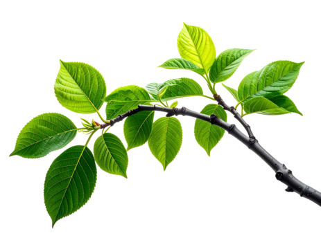 A vibrant green branch with fresh leaves against a stark black background