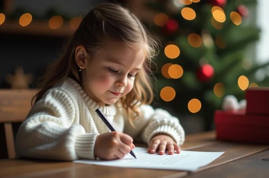 Little girl in a white sweater doing her homework, with a Christmas tree in the background	