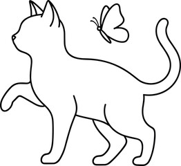 Cad drawing flat vector illustration, cat and butterfly design, minimalist animal sketch, decorative outline artwork, playful pet template, nature inspired graphic