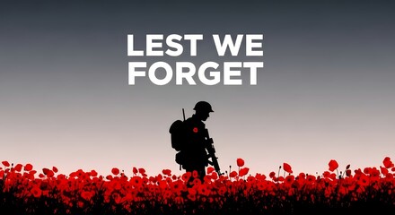 A Moment of Remembrance: A solemn tribute to fallen soldiers, with the silhouette of a soldier standing amidst a field of vibrant red poppies, against a backdrop of a somber sky.