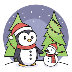 Cartoon penguin and snowman with Christmas trees and snow winter holiday